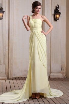 Chiffon One-Shoulder Column Dress with Ruffle