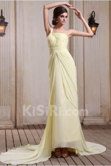 Chiffon One-Shoulder Column Dress with Ruffle