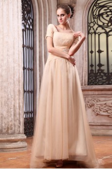 Chiffon Bateau Neckline Floor Length A-line Dress with Embroidery and Short Sleeve