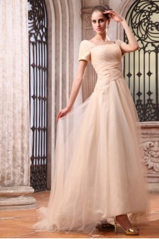 Chiffon Bateau Neckline Floor Length A-line Dress with Embroidery and Short Sleeve