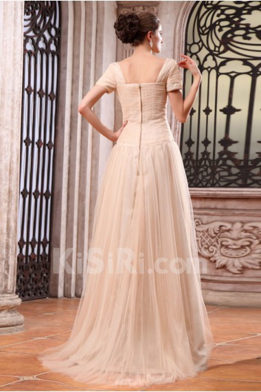 Chiffon Bateau Neckline Floor Length A-line Dress with Embroidery and Short Sleeve