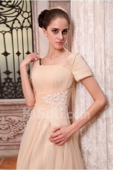 Chiffon Bateau Neckline Floor Length A-line Dress with Embroidery and Short Sleeve