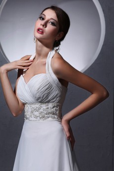 Chiffon Halter Neckline A-Line Dress with Pleat and Beaded