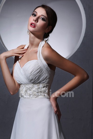 Chiffon Halter Neckline A-Line Dress with Pleat and Beaded