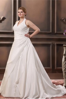 Halter Satin Embroidered Plus Size Gown