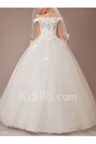 Satin and Tulle Off-the-Shoulder Floor Length Ball Gown with Flowers