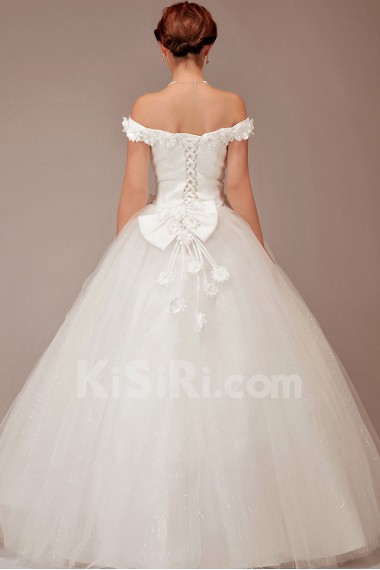 Satin and Tulle Off-the-Shoulder Floor Length Ball Gown with Flowers