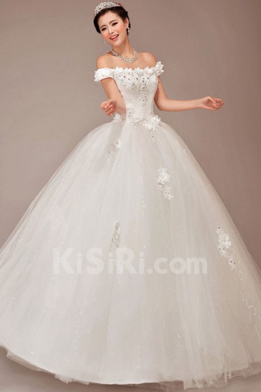 Satin and Tulle Off-the-Shoulder Floor Length Ball Gown with Flowers