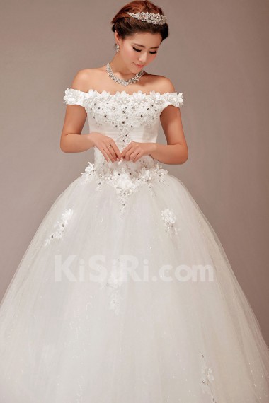 Satin and Tulle Off-the-Shoulder Floor Length Ball Gown with Flowers