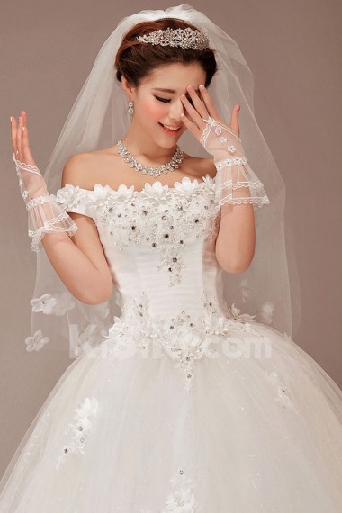 Satin and Tulle Off-the-Shoulder Floor Length Ball Gown with Flowers