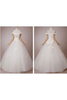 Satin and Tulle Off-the-Shoulder Floor Length Ball Gown with Flowers