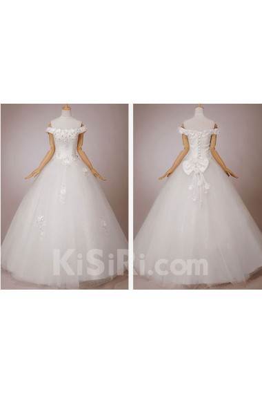 Satin and Tulle Off-the-Shoulder Floor Length Ball Gown with Flowers