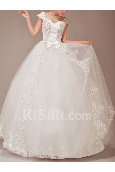 Satin and Lace Off-the-Shoulder Floor Length Ball Gown with Sequins