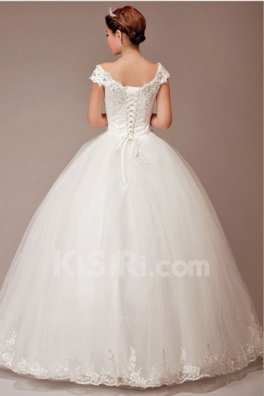 Satin and Lace Off-the-Shoulder Floor Length Ball Gown with Sequins