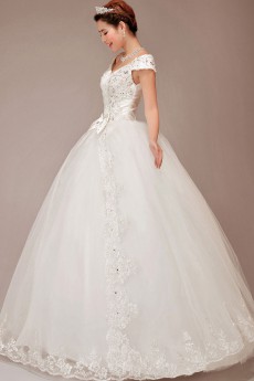 Satin and Lace Off-the-Shoulder Floor Length Ball Gown with Sequins