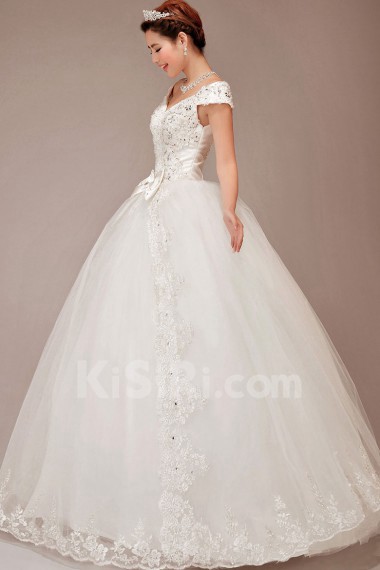 Satin and Lace Off-the-Shoulder Floor Length Ball Gown with Sequins