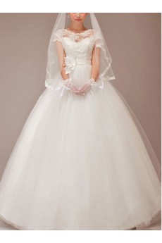 Tulle Bateau Neckline Floor Length Ball Gown with Flower