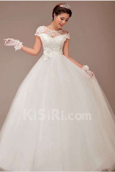 Tulle Bateau Neckline Floor Length Ball Gown with Flower