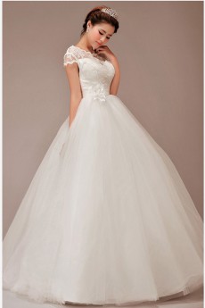 Tulle Bateau Neckline Floor Length Ball Gown with Flower