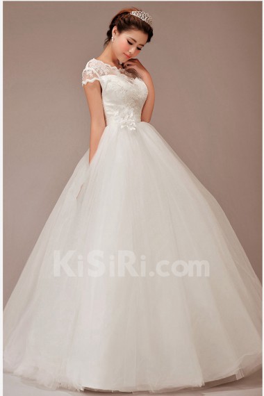 Tulle Bateau Neckline Floor Length Ball Gown with Flower