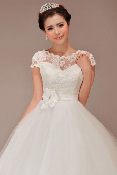 Tulle Bateau Neckline Floor Length Ball Gown with Flower