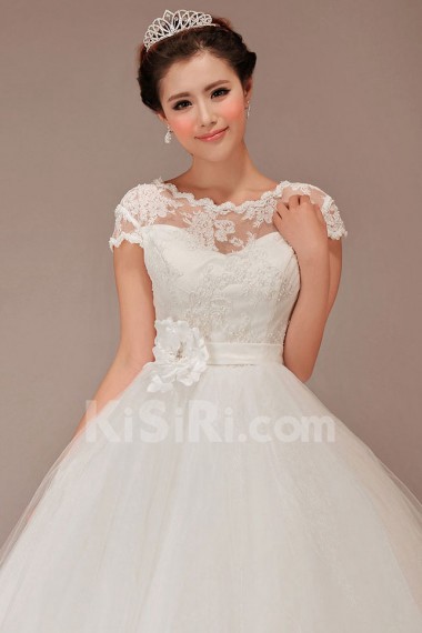 Tulle Bateau Neckline Floor Length Ball Gown with Flower