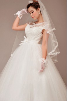 Tulle Bateau Neckline Floor Length Ball Gown with Flower