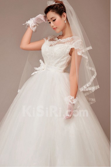 Tulle Bateau Neckline Floor Length Ball Gown with Flower