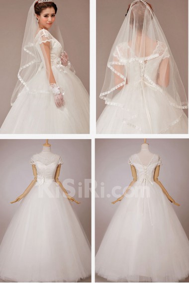 Tulle Bateau Neckline Floor Length Ball Gown with Flower