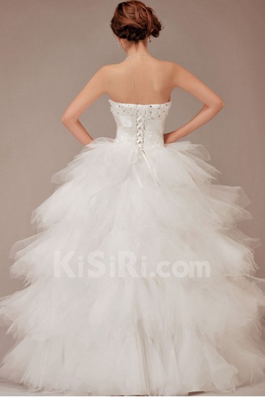 Satin and Tulle Strapless Floor Length Ball Gown with Flowers