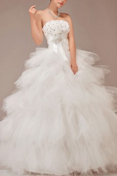 Satin and Tulle Strapless Floor Length Ball Gown with Flowers