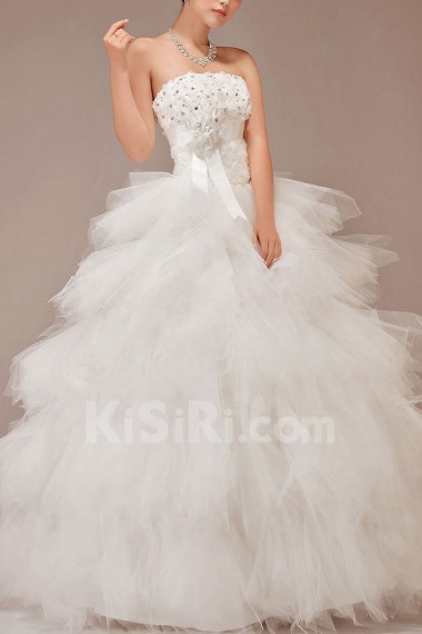 Satin and Tulle Strapless Floor Length Ball Gown with Flowers