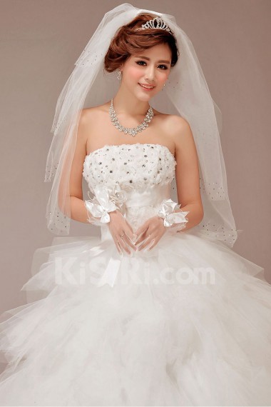 Satin and Tulle Strapless Floor Length Ball Gown with Flowers