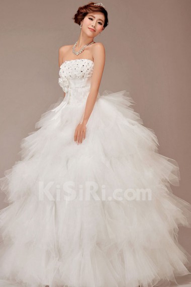 Satin and Tulle Strapless Floor Length Ball Gown with Flowers