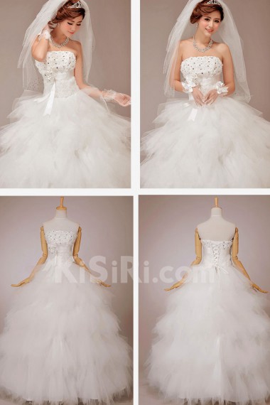 Satin and Tulle Strapless Floor Length Ball Gown with Flowers