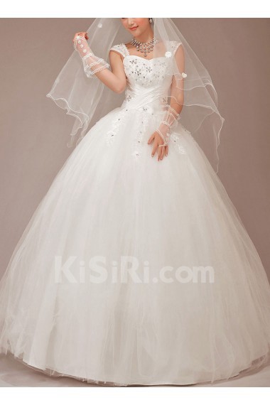 Satin and Tulle Straps Floor Length Ball Gown with Crystals