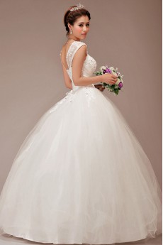 Satin and Tulle Straps Floor Length Ball Gown with Crystals