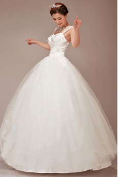 Satin and Tulle Straps Floor Length Ball Gown with Crystals