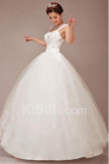 Satin and Tulle Straps Floor Length Ball Gown with Crystals