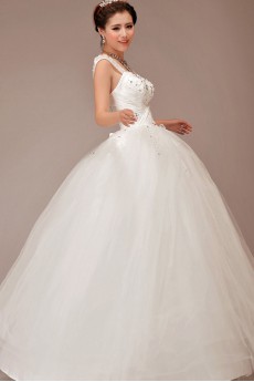 Satin and Tulle Straps Floor Length Ball Gown with Crystals