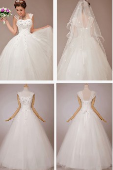 Satin and Tulle Straps Floor Length Ball Gown with Crystals