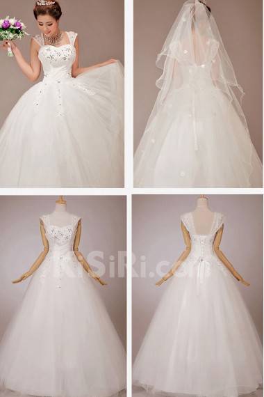 Satin and Tulle Straps Floor Length Ball Gown with Crystals