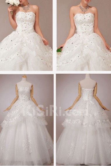 Satin and Lace Sweetheart Floor Length Ball Gown with Crystals