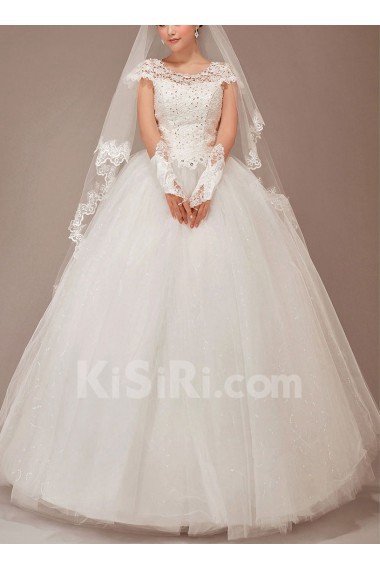 Lace Scoop Neckline Floor Length Ball Gown with Crystals