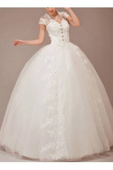 Lace V-Neck Floor Length Ball Gown with Crystals