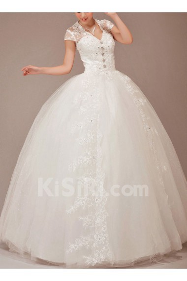 Lace V-Neck Floor Length Ball Gown with Crystals