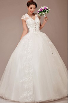 Lace V-Neck Floor Length Ball Gown with Crystals