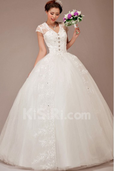 Lace V-Neck Floor Length Ball Gown with Crystals