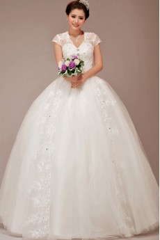 Lace V-Neck Floor Length Ball Gown with Crystals