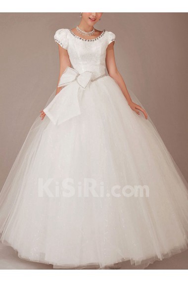 Satin Bateau Neckline Floor Length Ball Gown with Crystals